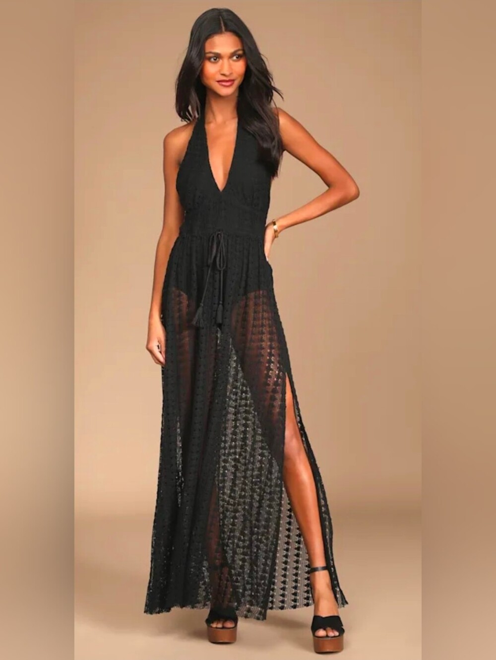 NWT Lulu's Destination Summer Black Crochet Halter Maxi Bodysuit Dress